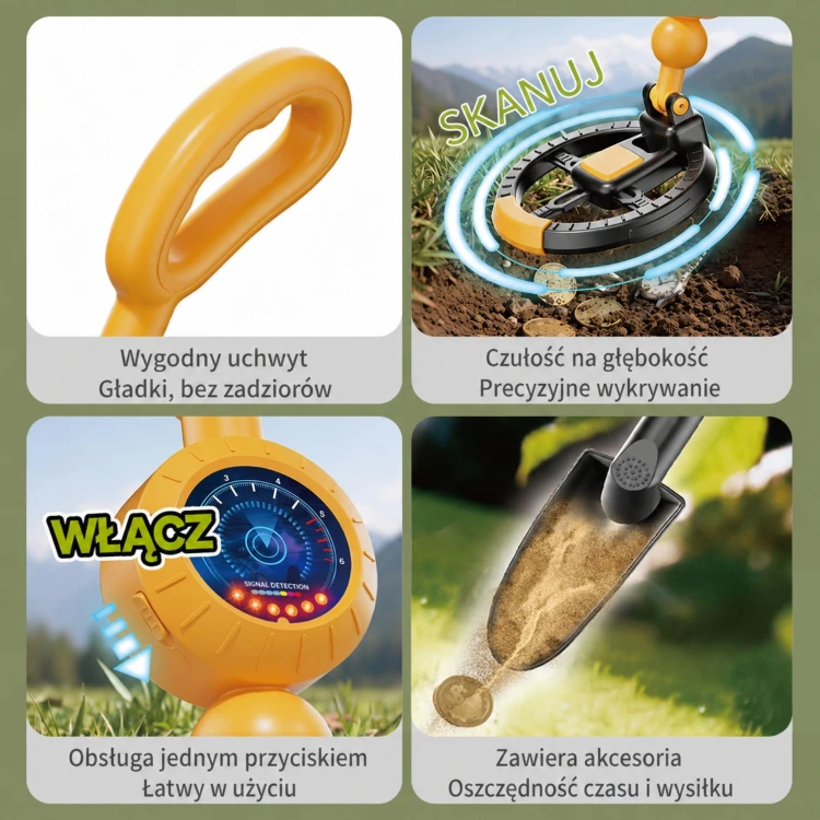 Widok wykrywacza metali WOOPIE wraz z czarną łopatką do odkopywania skarbów