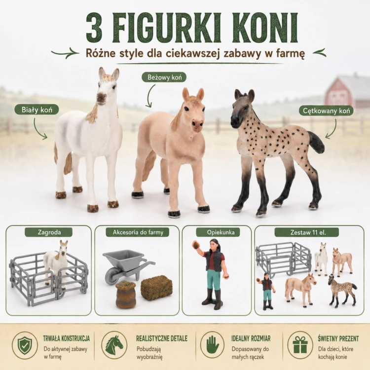 Elementy ogrodzenia i akcesoria do farmy z zestawu figurkowego Farma Konie Mały Farmer WOOPIE