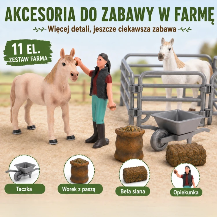 Widok figurki farmera i taczek z zestawu Farma Konie Mały Farmer WOOPIE