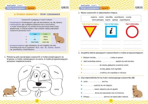 Strona z kartami pracy do języka polskiego dla klasy 5 GREG z przykładowymi ćwiczeniami