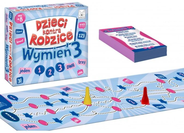 Plansza i karty gry Dzieci kontra Rodzice Wymień 3 KANGUR na stole podczas rozgrywki