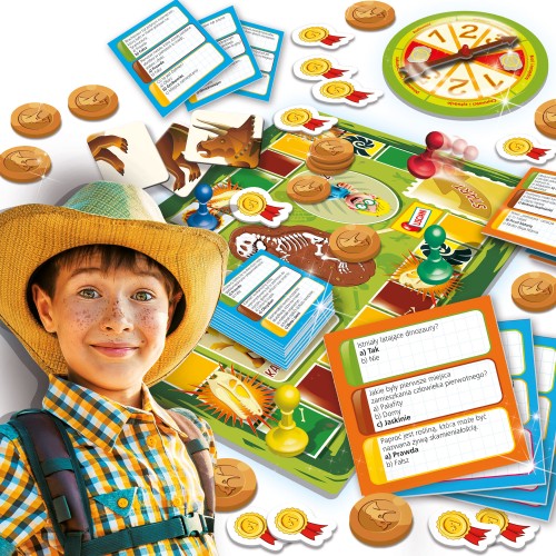 Karty z pytaniami i pionki w grze Quiz Dinozaury i Prehistoria Lisciani