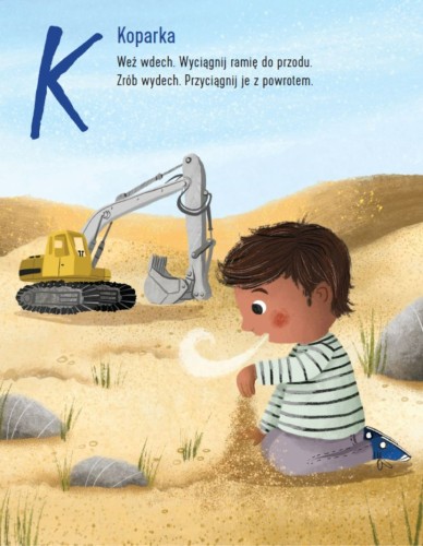 Strona z kolorowymi ilustracjami i przykładami ćwiczeń oddechowych w książce Alfabetoddechy 2