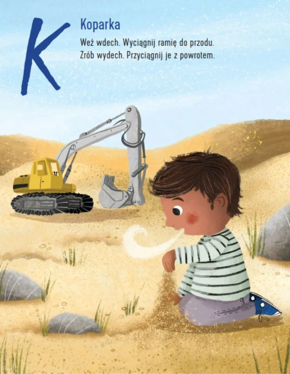 Strona z kolorowymi ilustracjami i przykładami ćwiczeń oddechowych w książce Alfabetoddechy 2