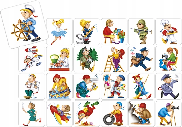 Ilustracje zawodów na tafelkach gry Adamigo Memory Zawody – nauka i zabawa dla dzieci
