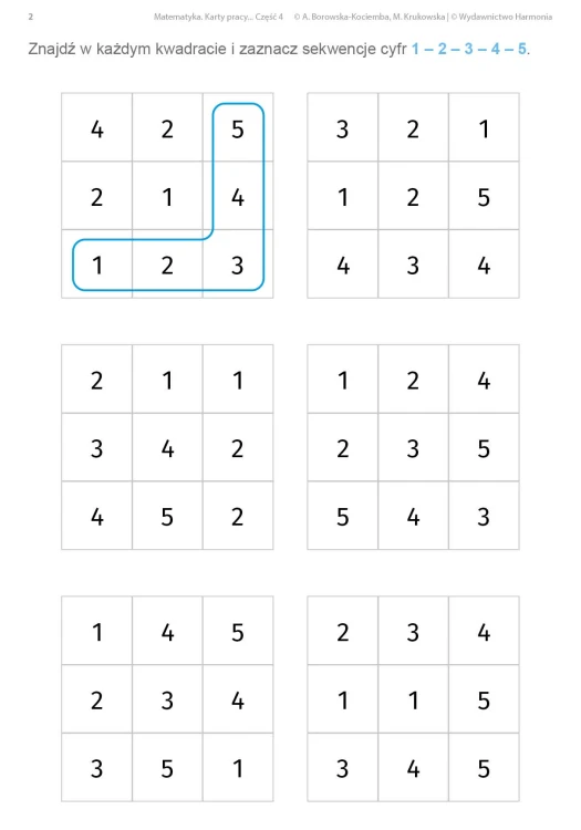 Widok kilku kart pracy z zestawu Matematyka część 4 dla uczniów ze specjalnymi potrzebami edukacyjnymi Harmonia