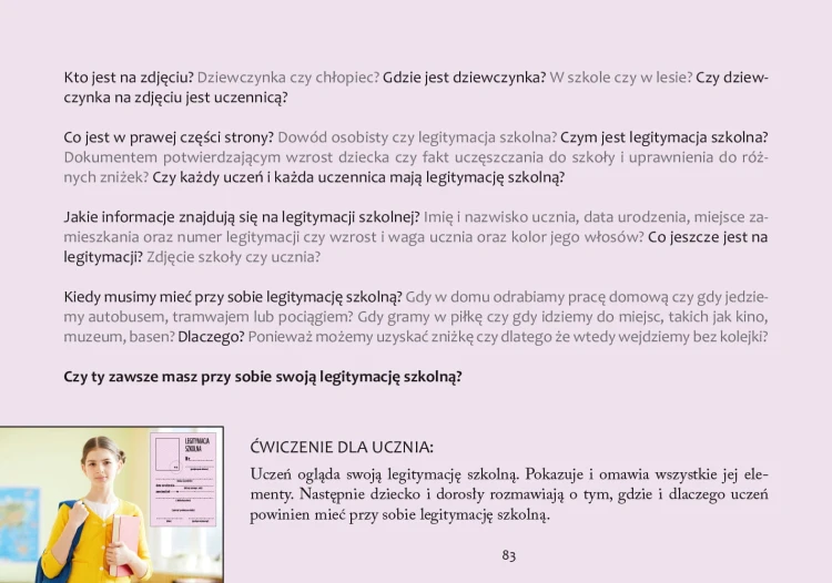 Strony z fotografiami i pytaniami do budowania tożsamości uczniów z niepełnosprawnością intelektualną Harmonia
