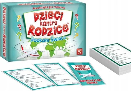 Zbliżenie na karty z pytaniami i instrukcję gry Dzieci kontra Rodzice Dookoła Świata KANGUR
