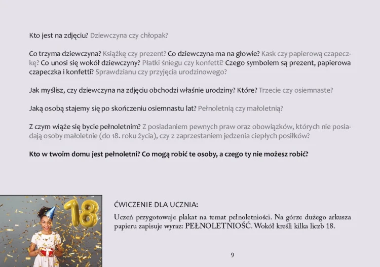 Strony z fotografiami i pytaniami Będę dorosły Harmonia