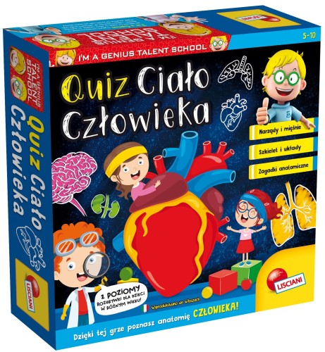 Elementy gry Quiz Ciało Człowieka Lisciani – spinner, pionki i żetony na stole do zabawy
