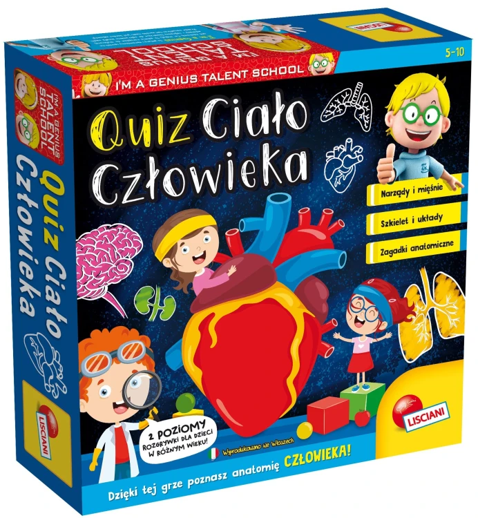 Elementy gry Quiz Ciało Człowieka Lisciani – spinner, pionki i żetony na stole do zabawy