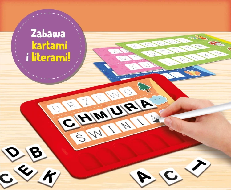 Elementy zestawu Carotina Poznaję Słowa: podkładka, tablice suchościeralne i pisak
