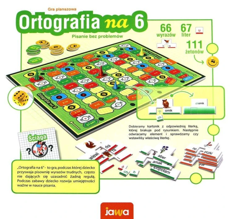 Zestaw liter i pionków edukacyjnej gry Ortografia na 6 marki JAWA GRY wspierającej naukę poprawnej pisowni