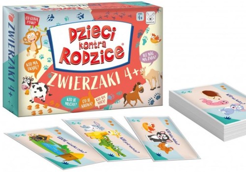 Karty edukacyjnej gry Dzieci kontra Rodzice Zwierzaki 4+ z zagadkami obrazkowymi o zwierzętach