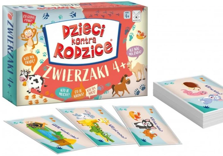 Karty edukacyjnej gry Dzieci kontra Rodzice Zwierzaki 4+ z zagadkami obrazkowymi o zwierzętach