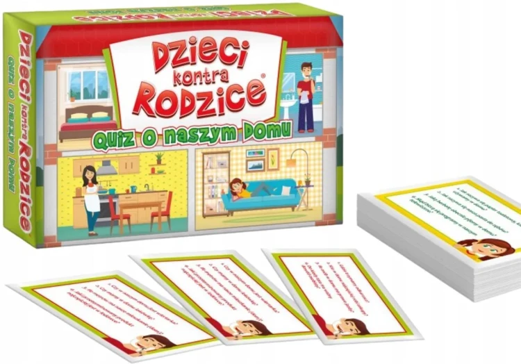 Karty gry karcianej Dzieci kontra Rodzice Quiz o naszym domu - widok kart i instrukcji