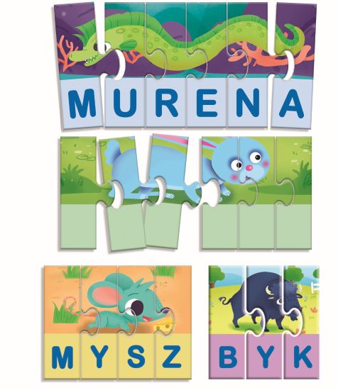 Kolorowe elementy puzzli i literki zestawu Carotina Piszę Pierwsze Słowa marki Lisciani