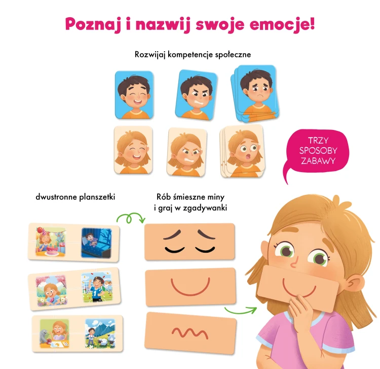 Planszetki i żetony gry edukacyjnej Kapitan Nauka Emocje z ilustracjami mimiki i emocji