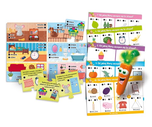 Puzzle z domem i interaktywne karty do nauki alfabetu w grze Carotina ABC marki Lisciani