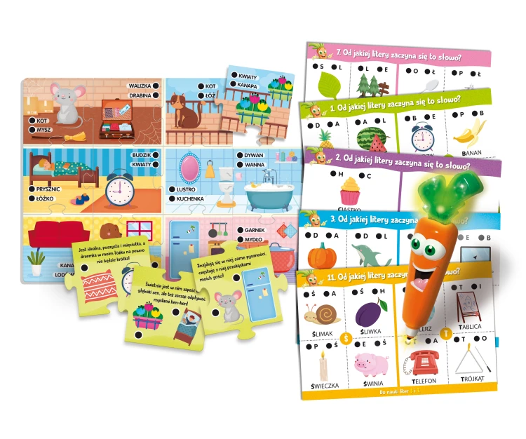 Puzzle z domem i interaktywne karty do nauki alfabetu w grze Carotina ABC marki Lisciani
