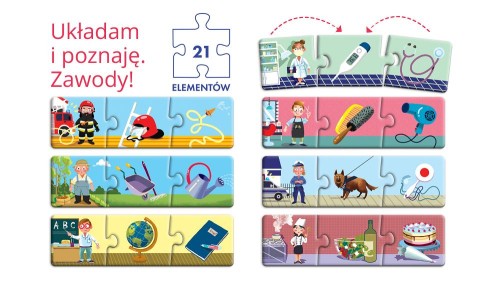 Detale puzzli edukacyjnych Układam i poznaję Zawody z ilustracjami scenek zawodowych Kapitan Nauka