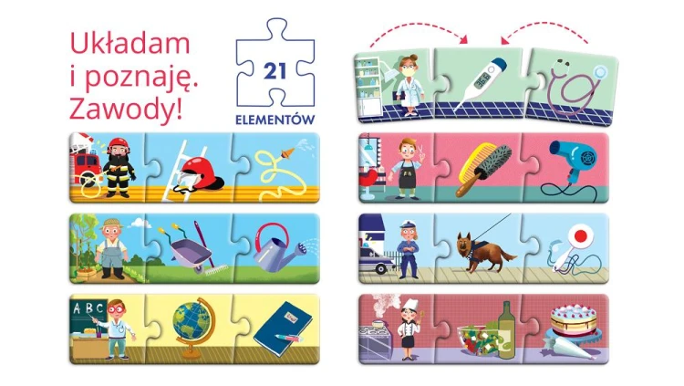 Detale puzzli edukacyjnych Układam i poznaję Zawody z ilustracjami scenek zawodowych Kapitan Nauka