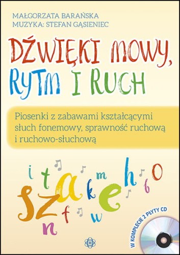 Okładka książki Dźwięki mowy, rytm i ruch z płytą CD wydawnictwa HARMONIA, zawierająca piosenki edukacyjne dla dzieci