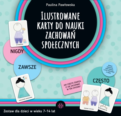 Ilustrowane karty do nauki zachowań społecznych HARMONIA, widok pudełka i zawartości kart edukacyjnych dla dzieci w wieku szkolnym