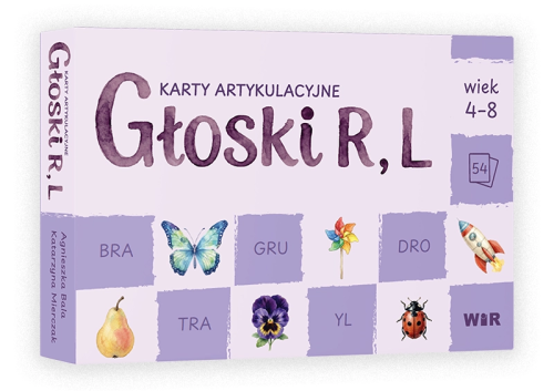 Karty artykulacyjne Głoski R i L Wir (T) - zestaw 54 kart do ćwiczeń wymowy, widok opakowania i kart