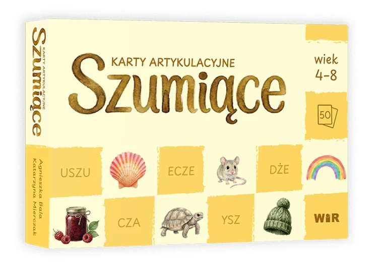 Zestaw 50 kart artykulacyjnych Szumiące Wir (T) z ćwiczeniami głosek sz, ż/rz, cz, dż dla dzieci w wieku 4–8 lat