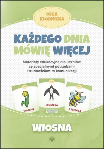 Okładka książki "Każdego dnia mówię więcej. Wiosna" z dużymi obrazkami i podpisami wspierającymi rozwój mowy, Harmonia podręczniki