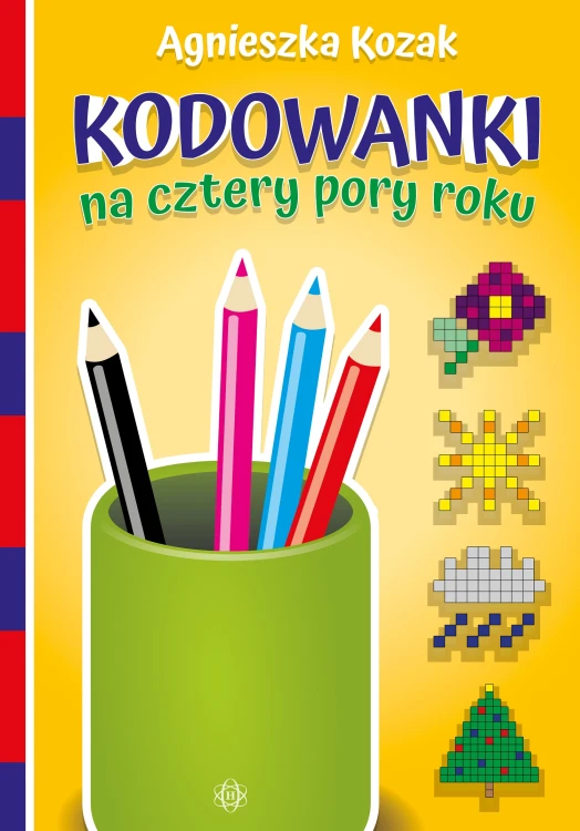 Okładka książki Kodowanki na cztery pory roku z wydawnictwa HARMONIA przedstawiająca ćwiczenia logiczne i percepcyjne dla dzieci