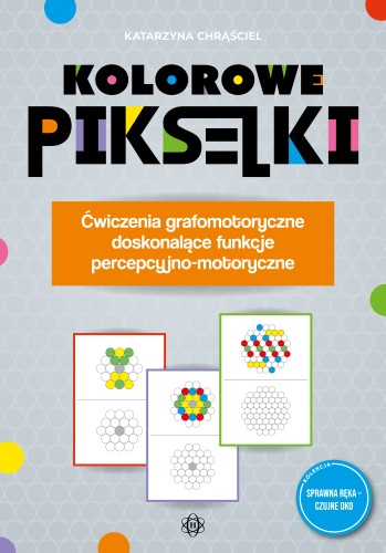 Kolorowe pikselki ćwiczenia grafomotoryczne HARMONIA – okładka książki z kolorowymi wzorami i pikselami dla dzieci