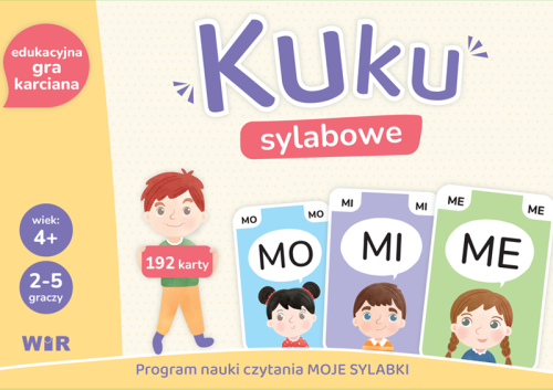 Edukacyjna gra karciana Kuku sylabowe Wir (T) – widok pudełka i kart do nauki sylab