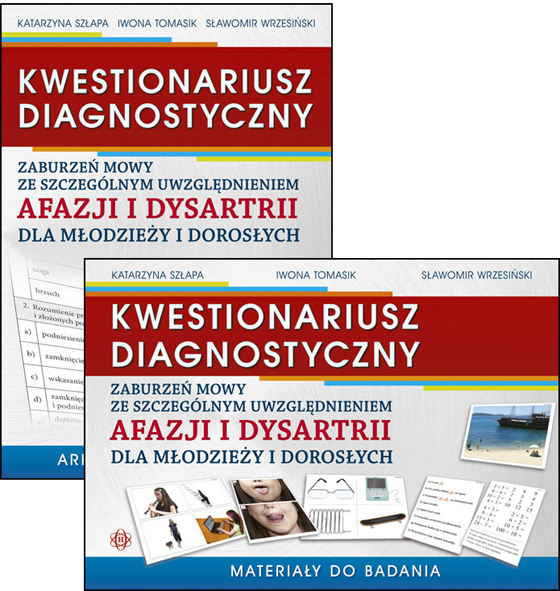 Okładka Kwestionariusza diagnostycznego zaburzeń mowy HARMONIA z kolorowymi ilustracjami i materiałami do diagnozy