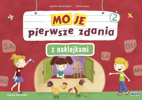 Okładka zeszytu Moje pierwsze zdania z naklejkami. Zeszyt 2 wydawnictwa WIR, pokazująca kolorowe ilustracje i naklejki do nauki czytania