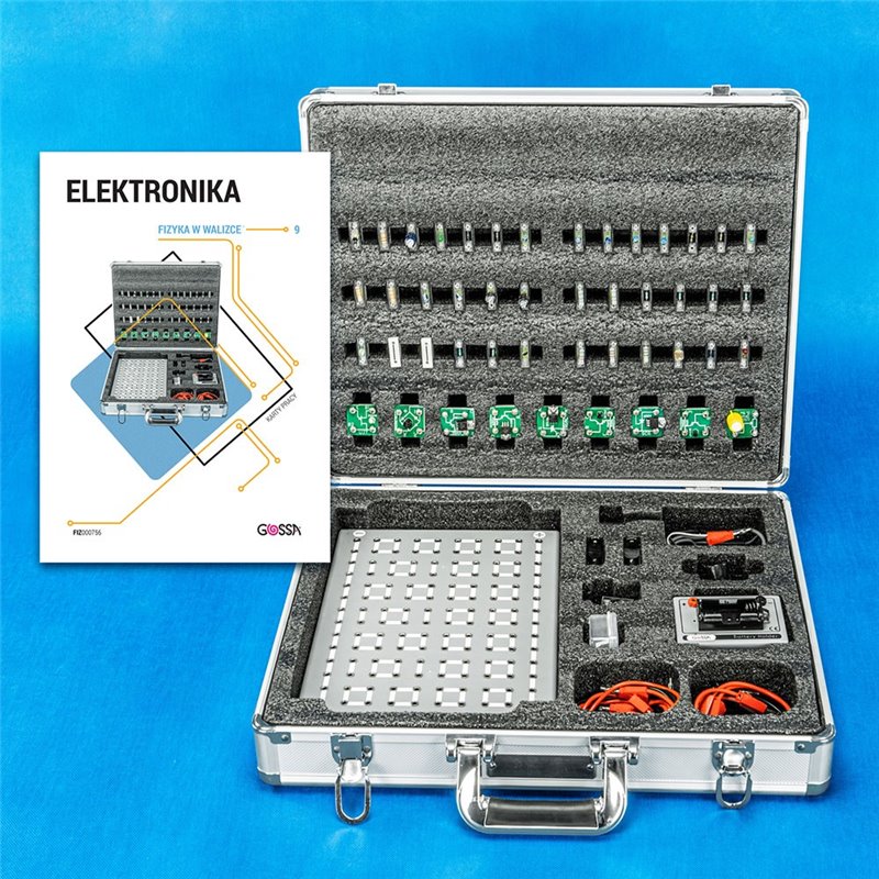 Walizka aluminiowa otwarta: widok elementów elektronicznych i płyty montażowej uporządkowanych w gąbce z wycięciami