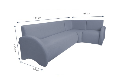 Detal wykończenia Zestawu Combo Prawy: tekstura tkaniny tapicerskiej mikrofaza oraz kształt i wysokość oparcia 53,5 cm