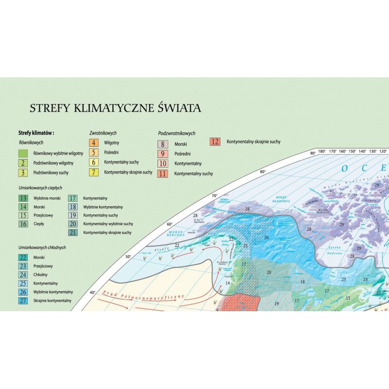 Fragment mapy klimatycznej świata ze strefami klimatu i prądami morskimi