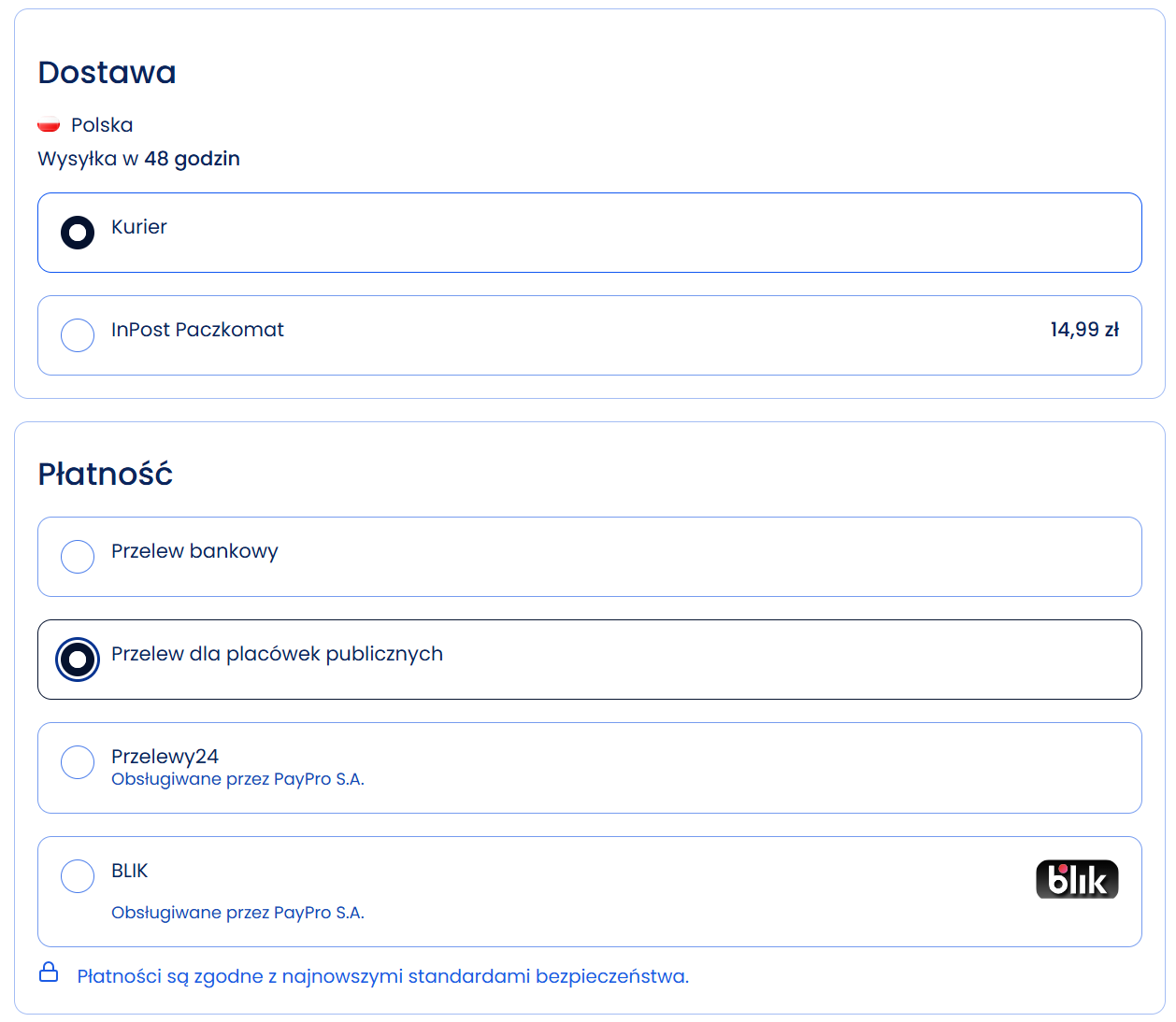 Wybór dostawy i przelewu dla placówek publicznych w Paktoo