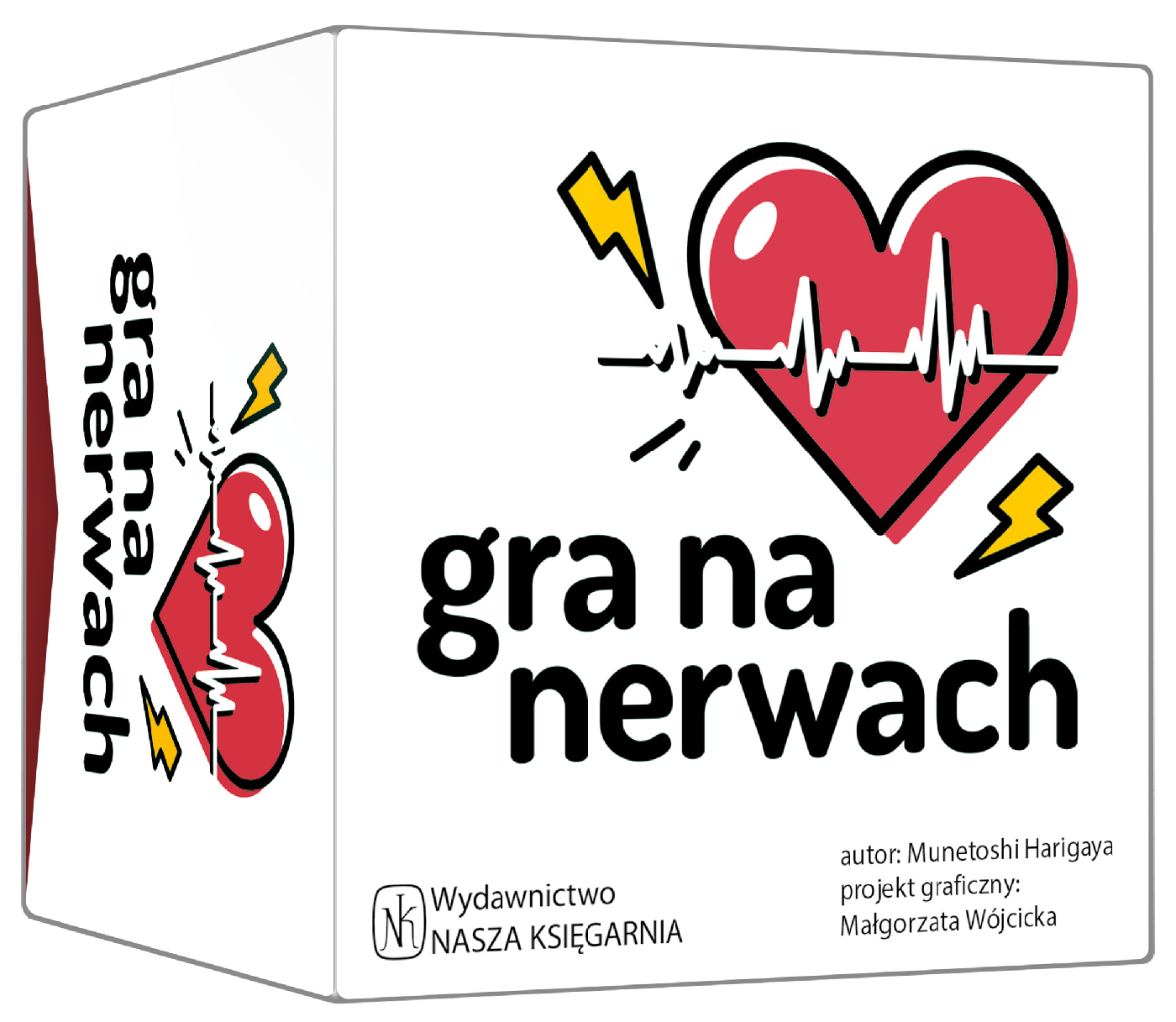 Gra na nerwach Nasza Księgarnia – białe pudełko z czerwonym sercem i linią pulsu