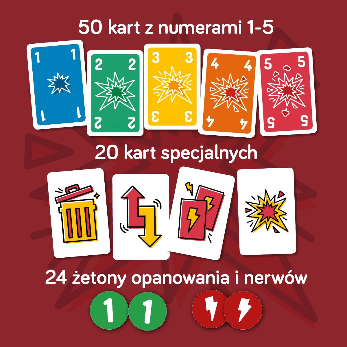 Zawartość gry Gra na nerwach – karty z numerami 1–5, karty specjalne oraz zielone i czerwone żetony