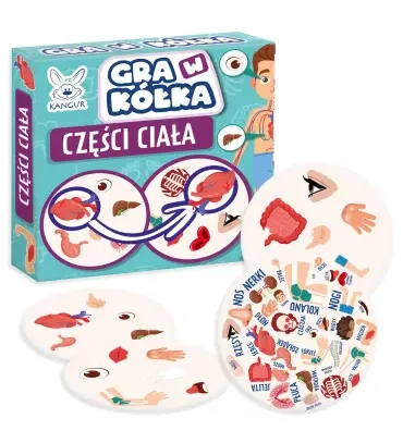 Okrągłe karty z ilustracjami części ciała i opakowanie gry Kangur