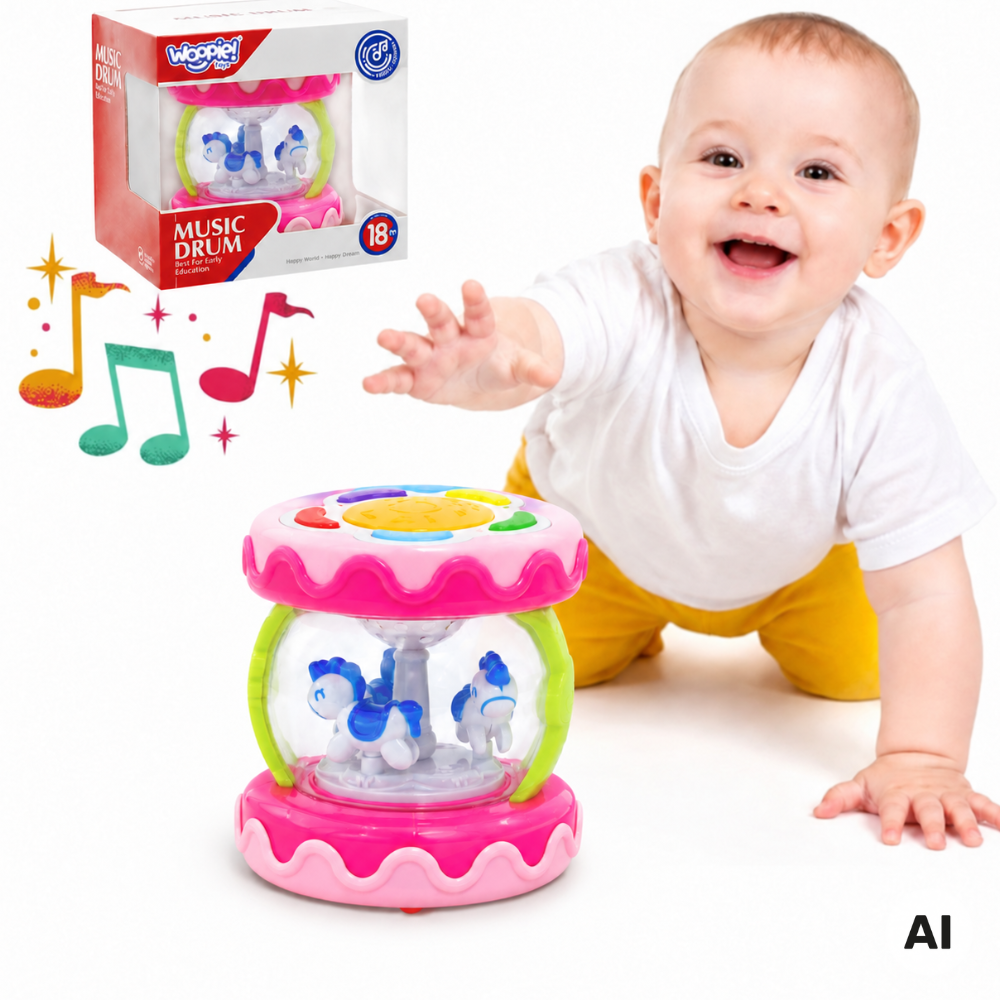 Bębenek 3w1 WOOPIE Baby z projektorem i pozytywką różowy