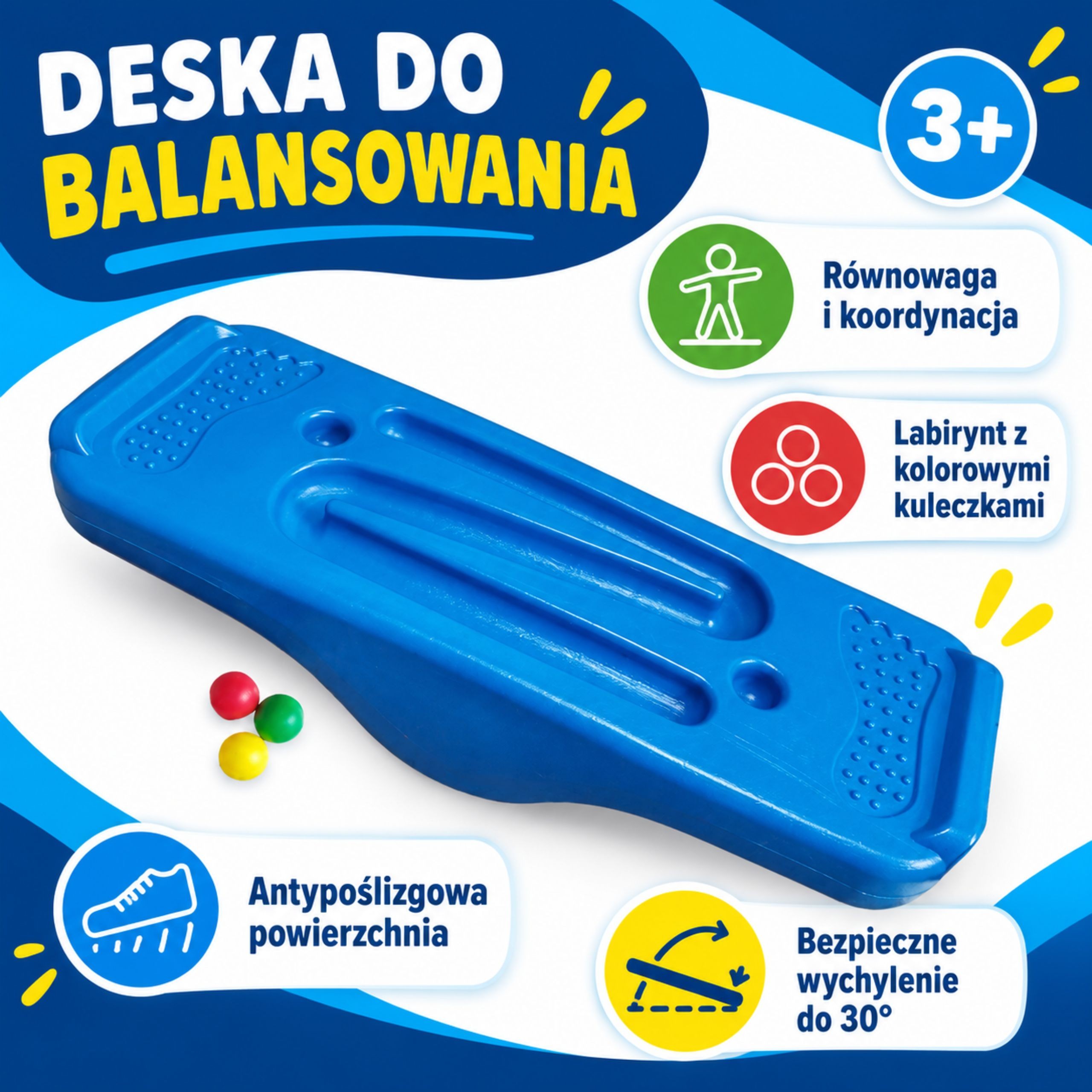 Niebieska równoważnia WOOPIE z labiryntem i 3 kulkami