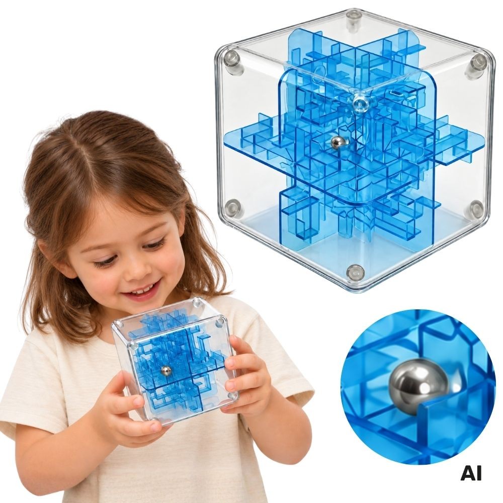 Kostka logiczna WOOPIE z niebieskim labiryntem 3D i kuleczką