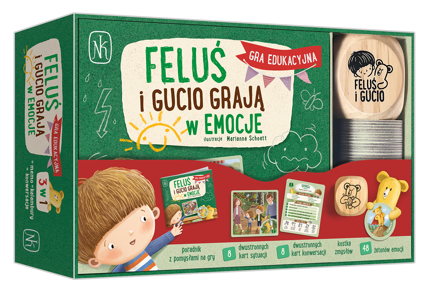 Gra edukacyjna Feluś i Gucio grają w emocje z elementami memo i planszą, producent NASZA KSIĘGARNIA